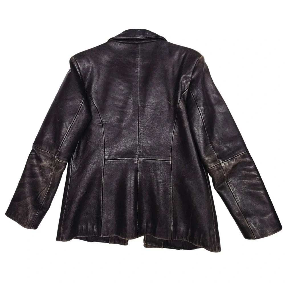 Petite Sophisticate Leather Jacket Womens M Dark Brown Distressed Zip Biker Grng - Picture 3 of 9